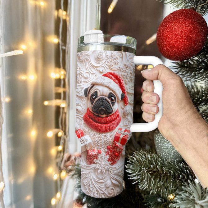 Wintery Puggy Christmas Custom Stanley Quencher 40oz Stainless Steel Tumbler With Handle - Image 3