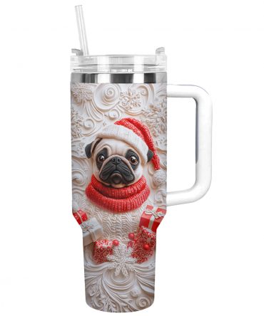 Wintery Puggy Christmas Custom Stanley Quencher 40oz Stainless Steel Tumbler With Handle