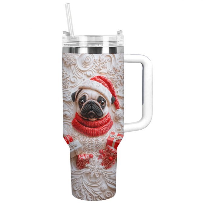 Wintery Puggy Christmas Custom Stanley Quencher 40oz Stainless Steel Tumbler With Handle