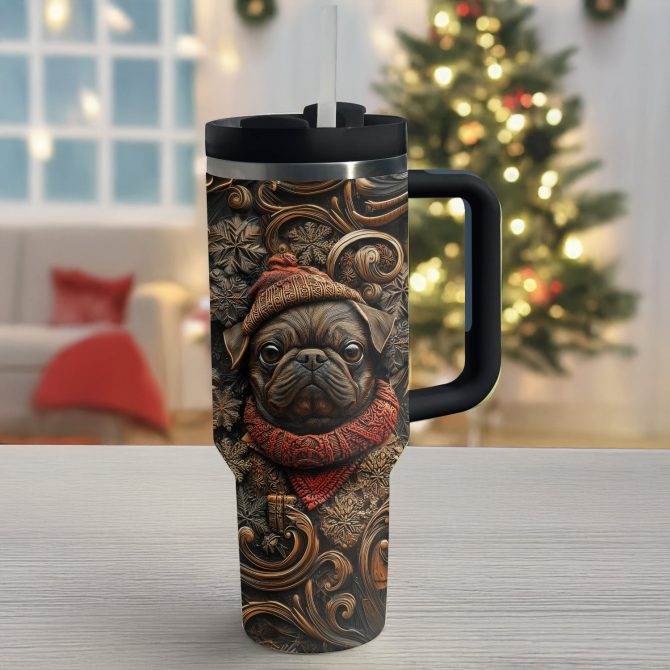 Wooden Christmas Pug Custom Stanley Quencher 40oz Stainless Steel Tumbler With Handle - Image 2
