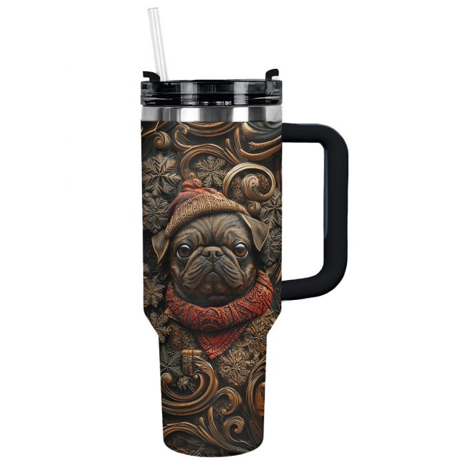 Wooden Christmas Pug Custom Stanley Quencher 40oz Stainless Steel Tumbler With Handle