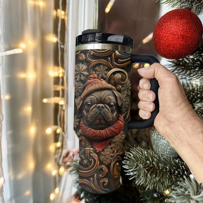 Wooden Christmas Pug Custom Stanley Quencher 40oz Stainless Steel Tumbler With Handle - Image 3