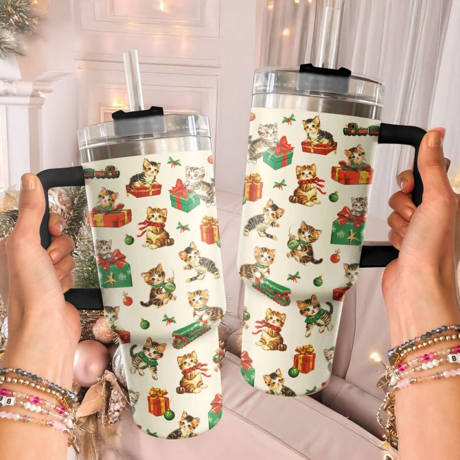 Xmas Kitty Christmas Custom Stanley Quencher 40oz Stainless Steel Tumbler With Handle - Image 2