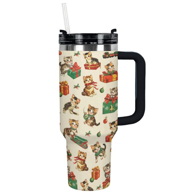Xmas Kitty Christmas Custom Stanley Quencher 40oz Stainless Steel Tumbler With Handle