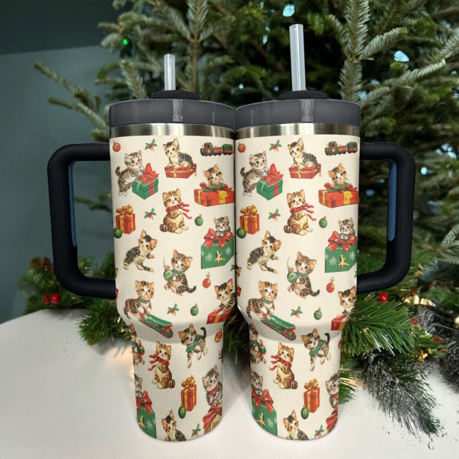 Xmas Kitty Christmas Custom Stanley Quencher 40oz Stainless Steel Tumbler With Handle - Image 3