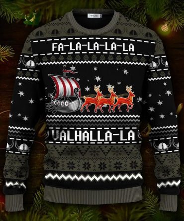 Black Falalalala Valhallala Viking Ships Viking Ugly Christmas Sweater