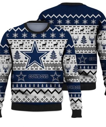 Dallas Cowboys Sweater Christmas Tree Reindeer Pattern Dallas Cowboys Ugly Sweater White Navy Blue Unisex Adults New Release