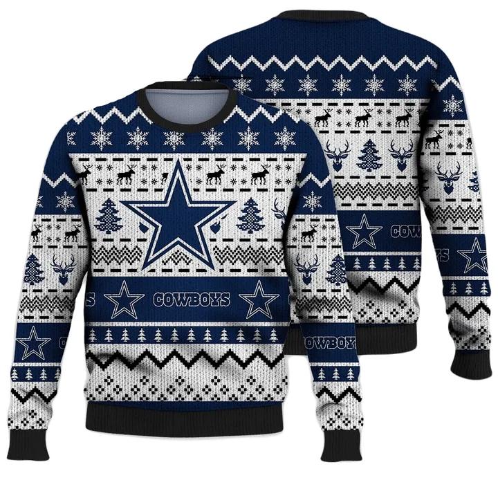 Dallas Cowboys Sweater Christmas Tree Reindeer Pattern Dallas Cowboys Ugly Sweater White Navy Blue Unisex Adults New Release